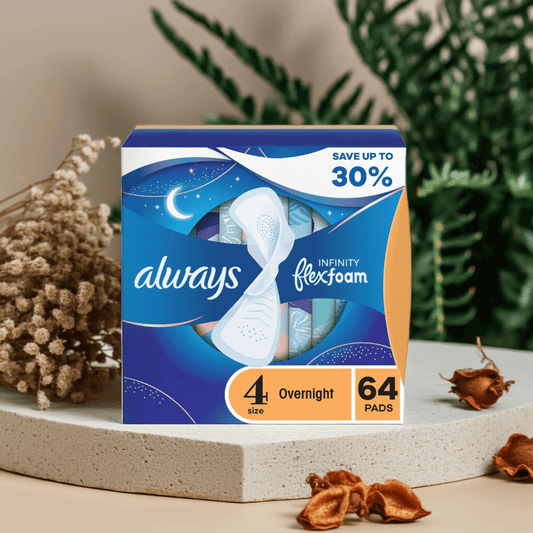 Always Infinity FlexFoam Overnight Pads with Wings, Unscented, Size 4, 64 ct – Flex Foam Night Pads for Heavy Flow