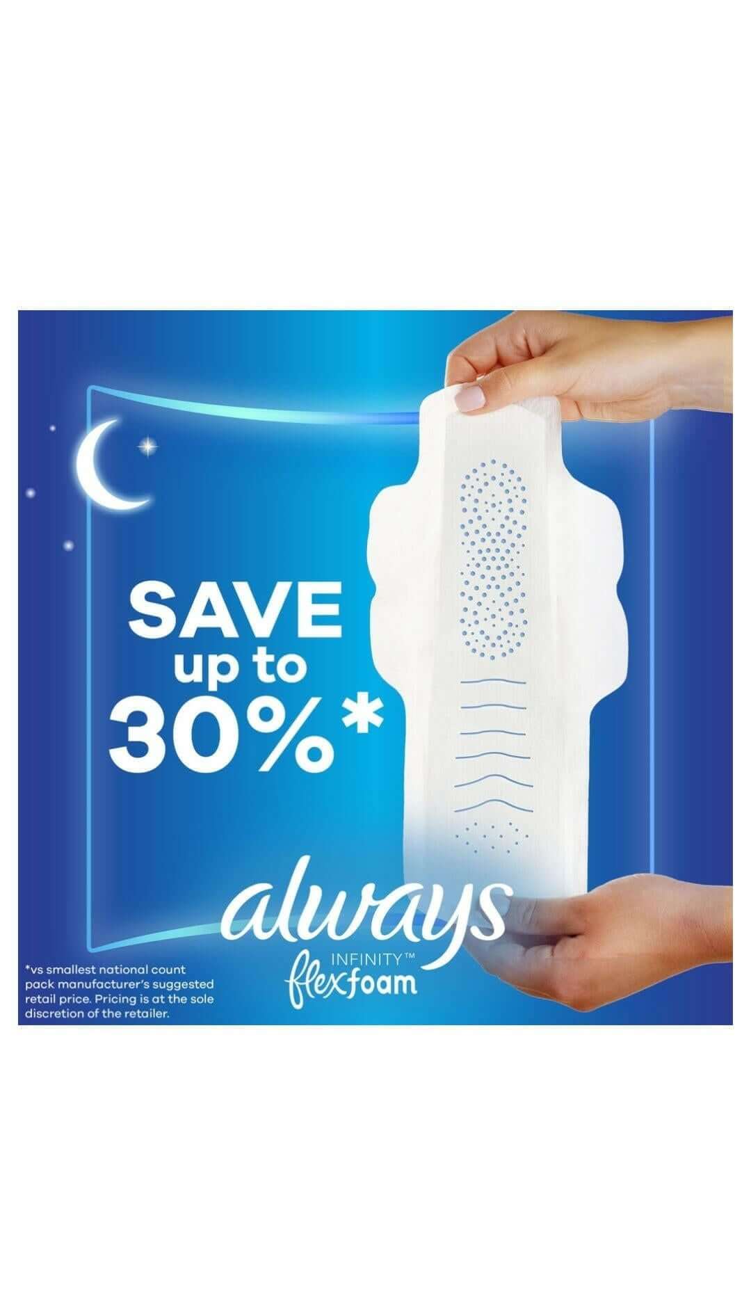 Always Infinity FlexFoam Overnight Pads with Wings, Unscented, Size 4, 64 ct – Flex Foam Night Pads for Heavy Flow