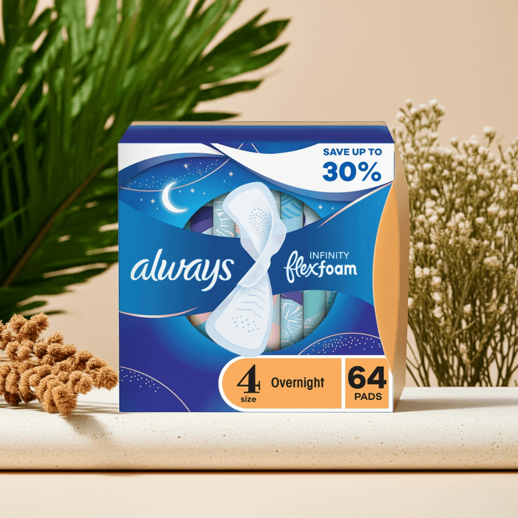 Always Infinity FlexFoam Overnight Pads with Wings, Unscented, Size 4, 64 ct – Flex Foam Night Pads for Heavy Flow