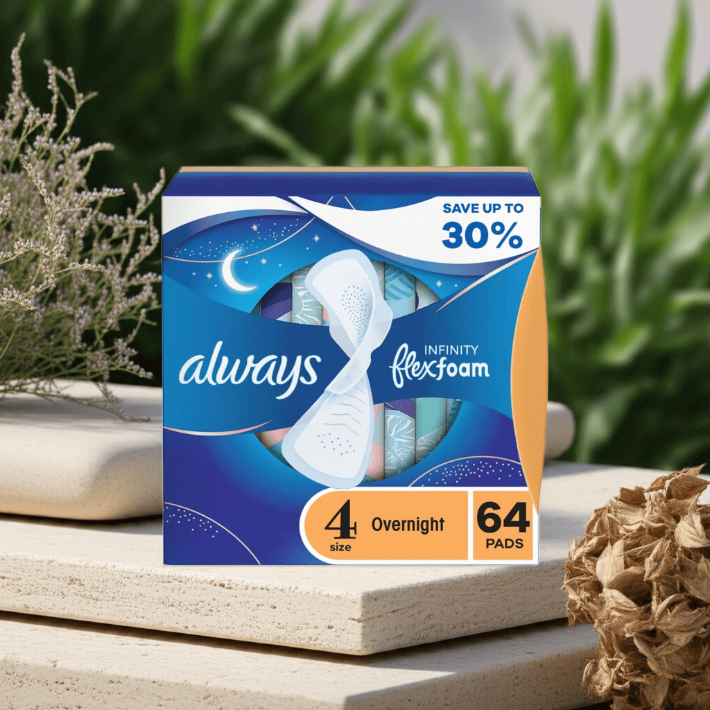 Always Infinity FlexFoam Overnight Pads with Wings, Unscented, Size 4, 64 ct – Flex Foam Night Pads for Heavy Flow
