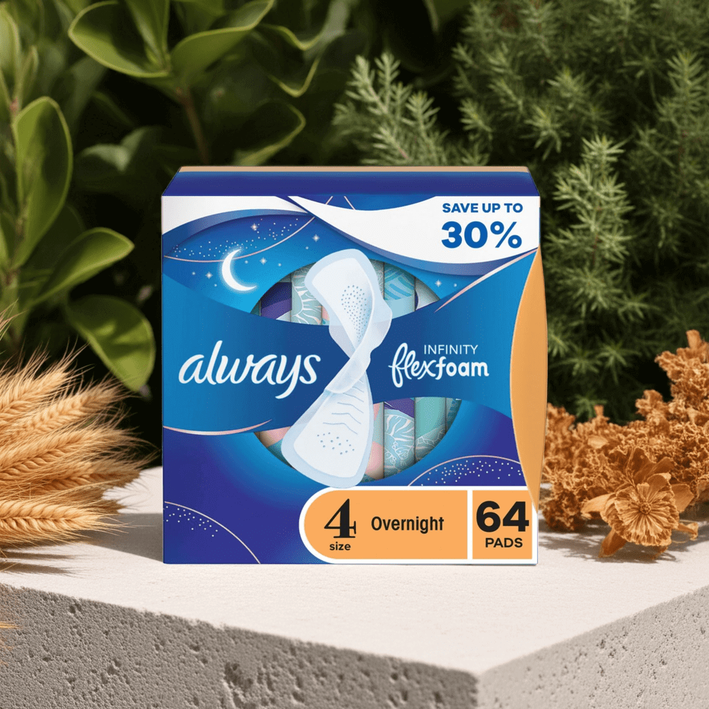 Always Infinity FlexFoam Overnight Pads with Wings, Unscented, Size 4, 64 ct – Flex Foam Night Pads for Heavy Flow