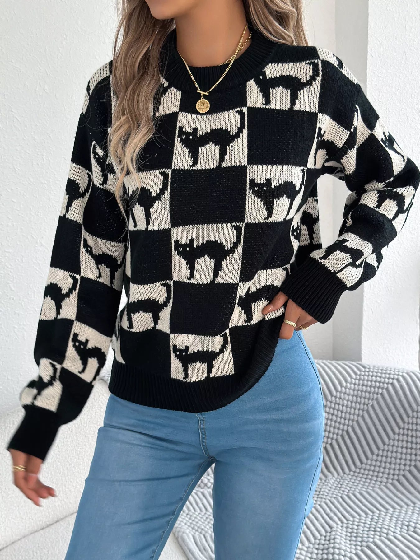 Cozy Cat Checkerboard Pattern Sweater