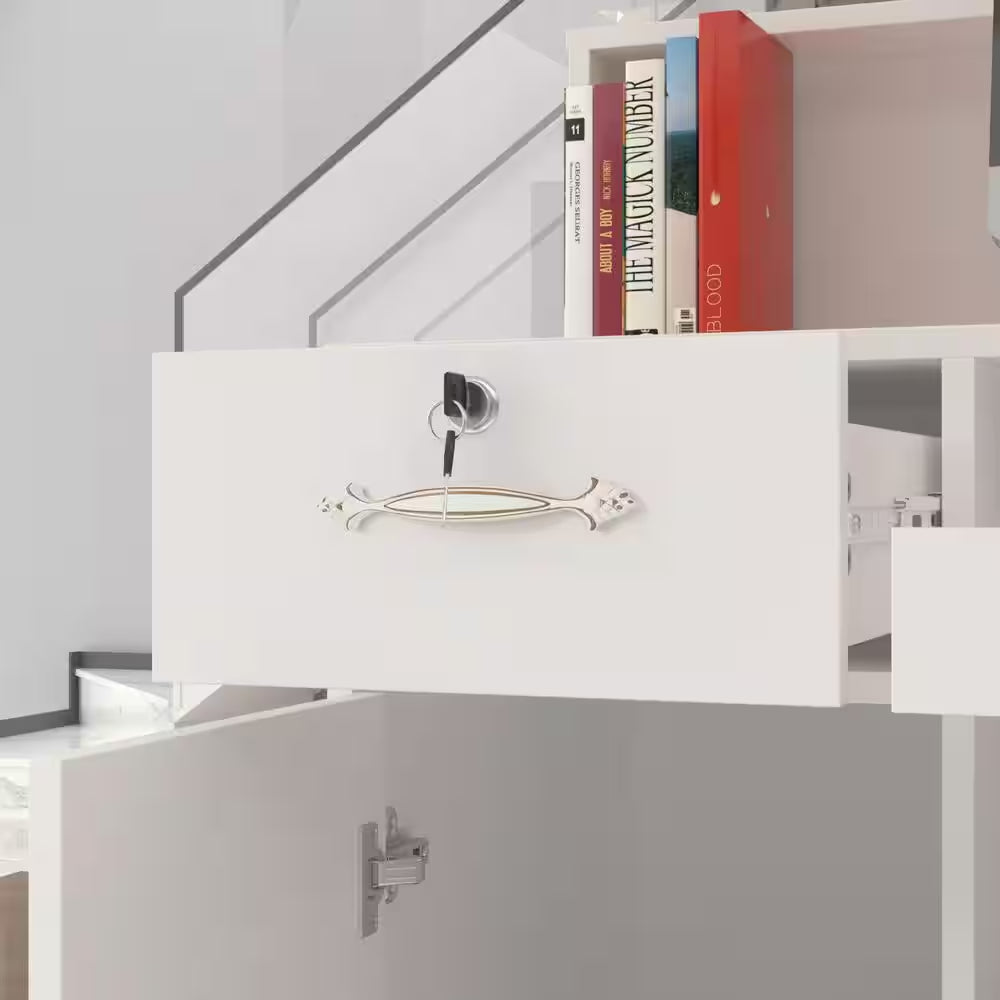 Natural White Corner Computer Desk with Hutch and Storage