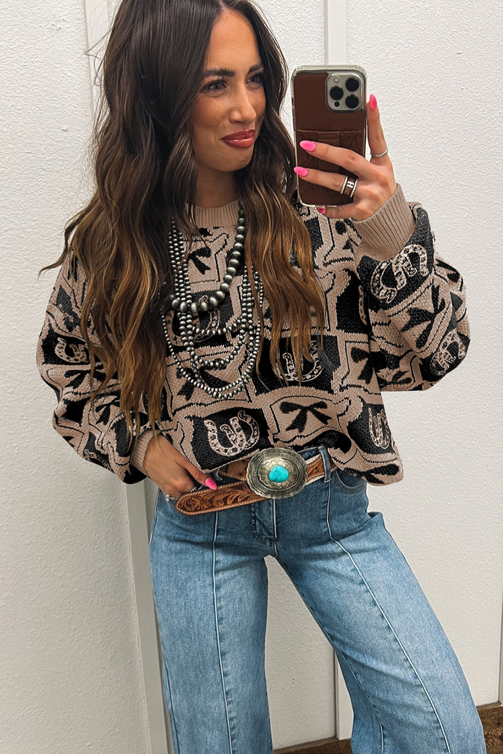 Brown Colorblock Bow Pattern Drop Sleeve Sweater