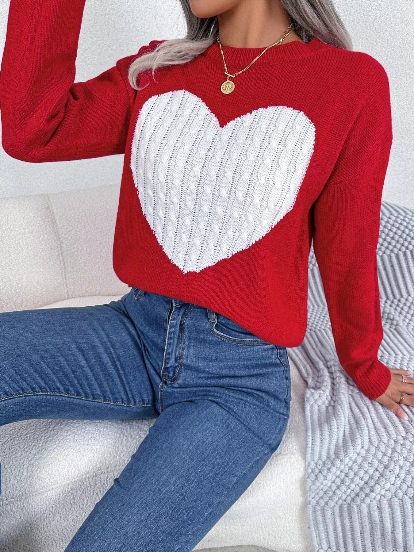 Cable Knit Heart Round Neck Sweater
