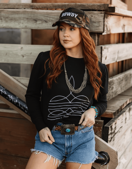 Stylish Black Boot Stitch Graphic Sweatshirt