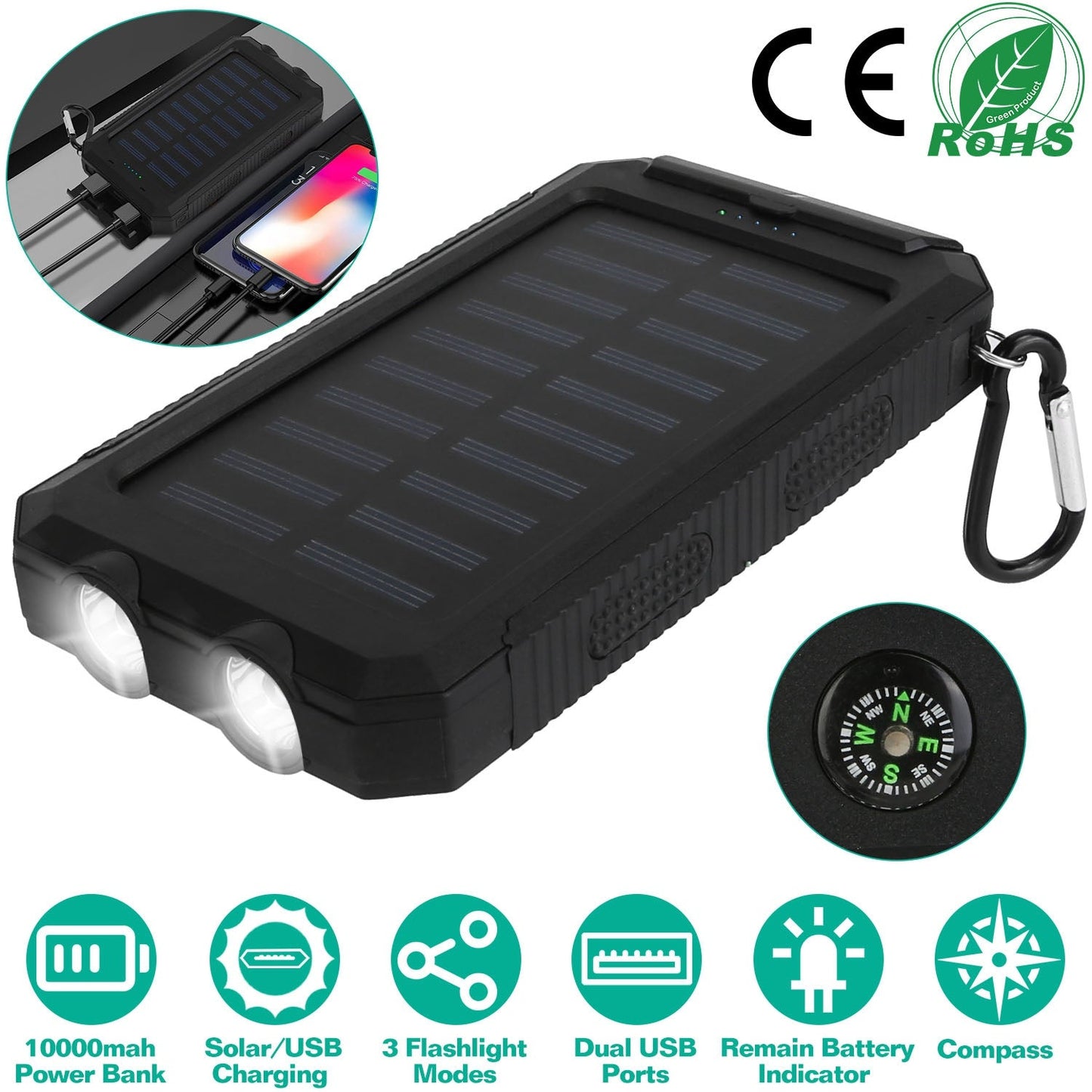 Solar Power Bank with Dual USB Ports and Compass