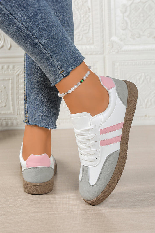Pink Striped Patchwork Lace Up Sneakers PU Leather