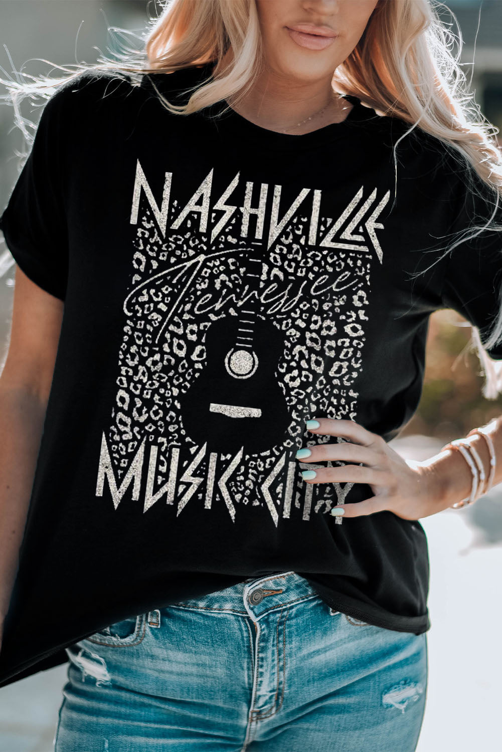 Black Graphic Cuffed Sleeve Round Neck Tee featuring "Nashville Tennessee Music City" design with leopard print and guitar.