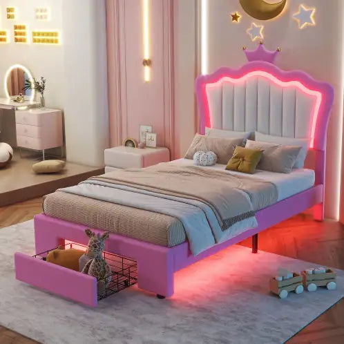 Twin Size Bed Frame with LED Lights, Modern Upholstered Princess Bed