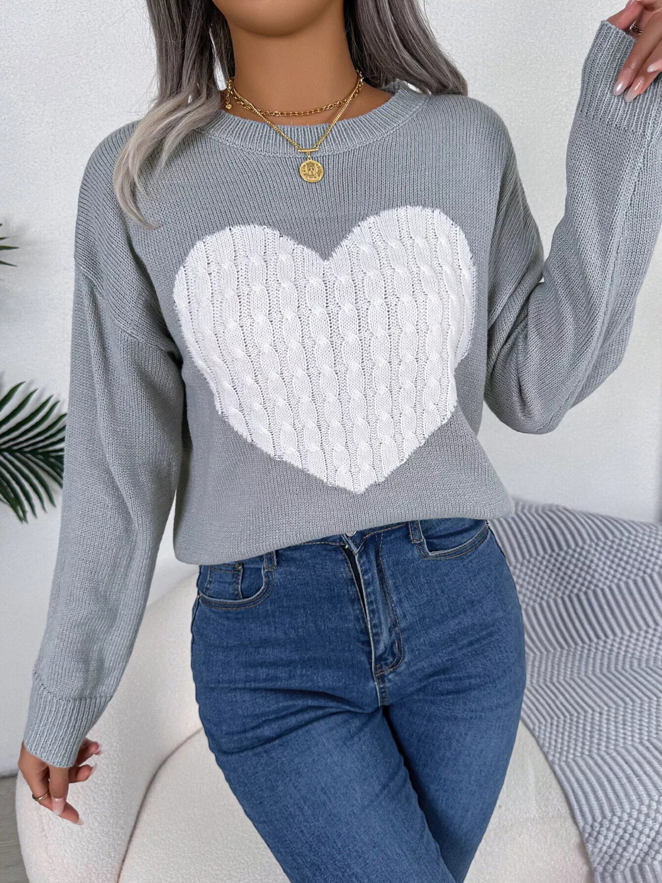Cable Knit Heart Round Neck Sweater