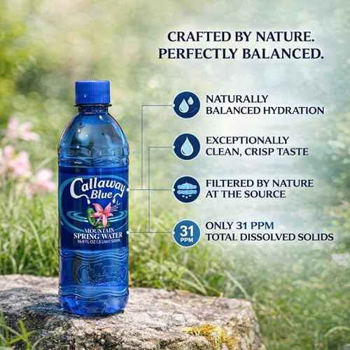 Callaway Blue Mountain Springwater, Natural Georgia Mountain Water, Bottled at the Source, Low Mineral 31 ppm TDS, Premium Drinking Bottles for Home, Office, Restaurant, 24 Pack