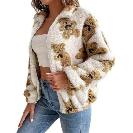 Bear Printed Furry Fleece-lined Warm and Loose Coat