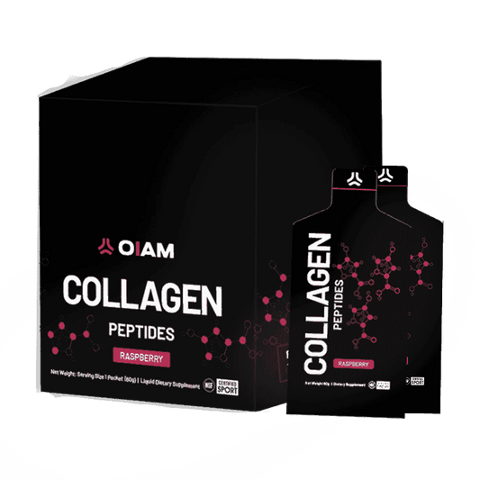 Collagen Liquid Raspberry: 30 single-serve pouches in a sleek black box with pink accents and molecular graphics.