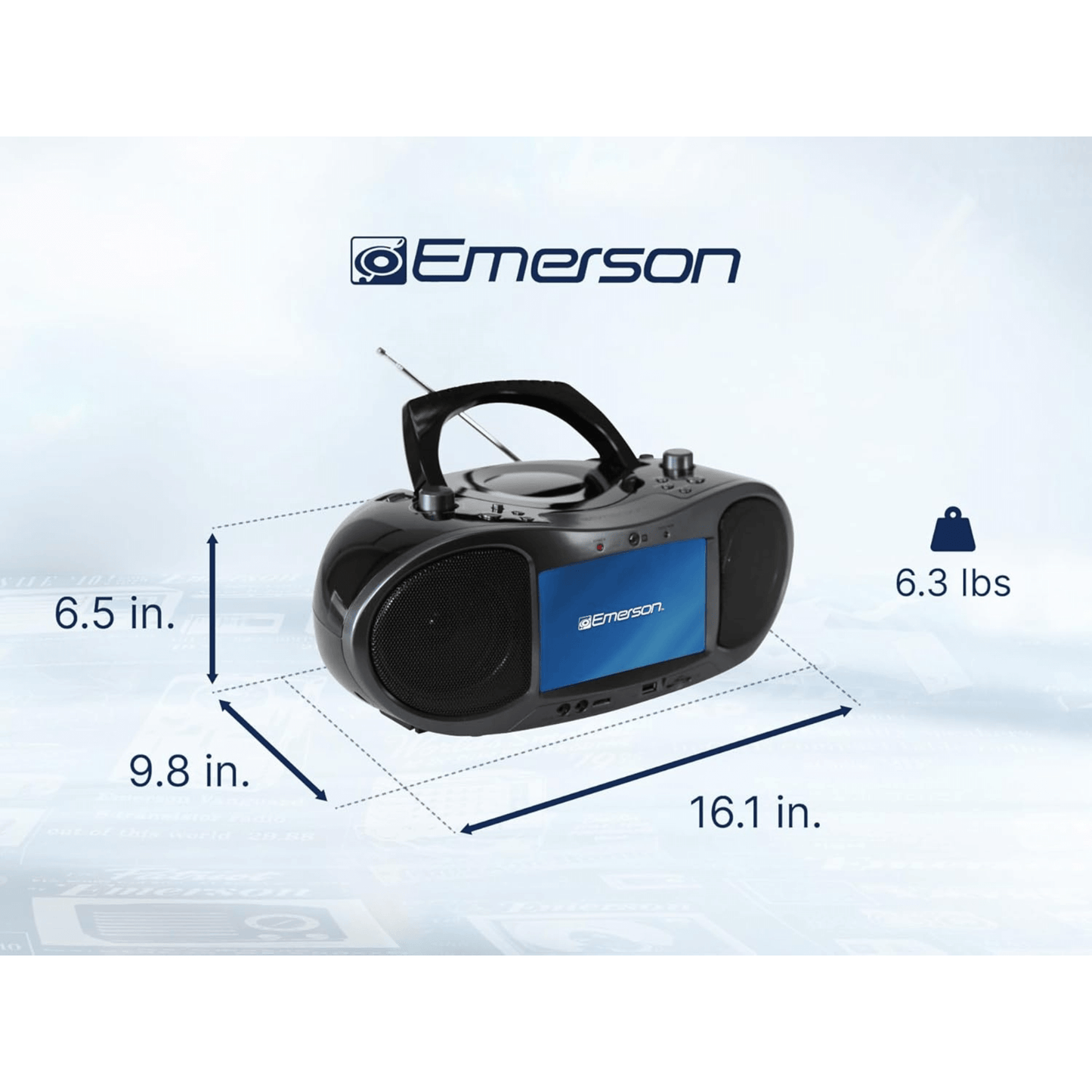 Emerson 7” Bluetooth DVD Boombox with HD-INPUT AM/FM Radio and Stereo Speakers