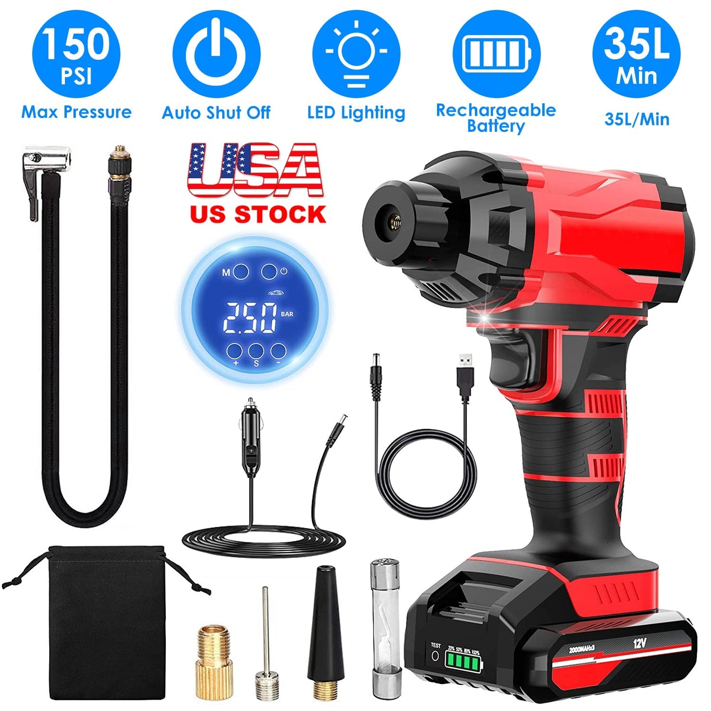 Cordless Car Tire Pump Portable Inflator with LED Light