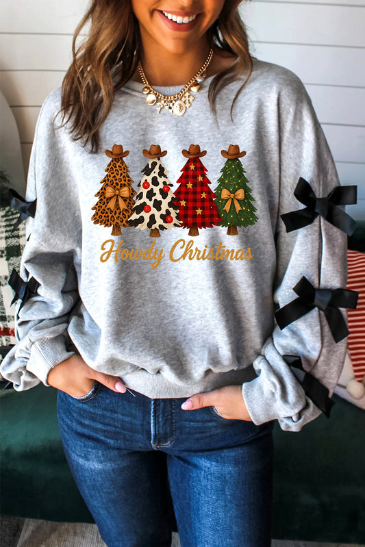 Light Grey Howdy Christmas 4 Trees Heat Transfer Printing Ribbon Bow Decor Sweatshirt