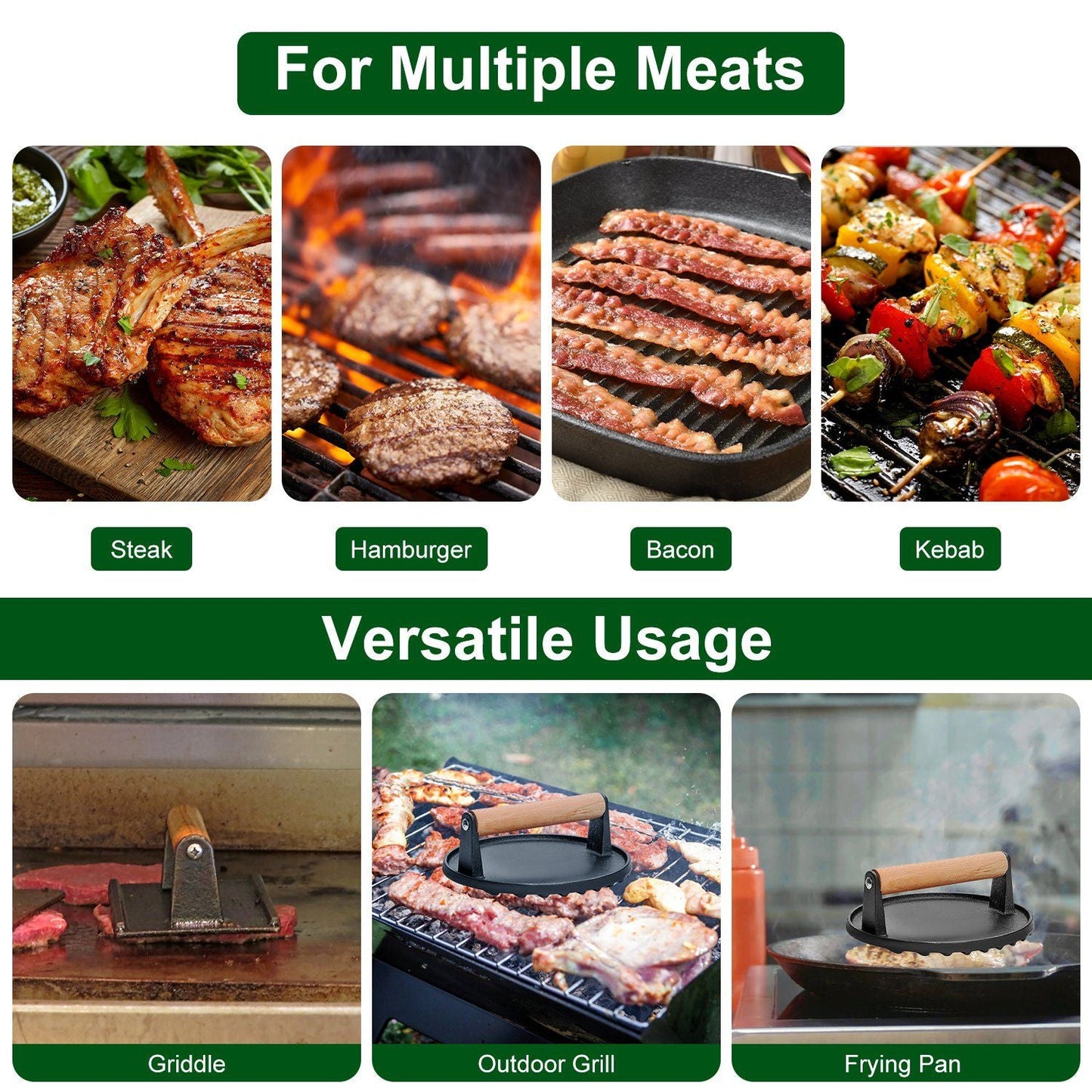 2-Piece Cast Iron Grill Press Set – Round & Rectangular Meat Smasher