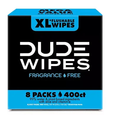 DUDE WIPES XL Flushable Wipes, Unscented, 400 wipes 8 ct.
