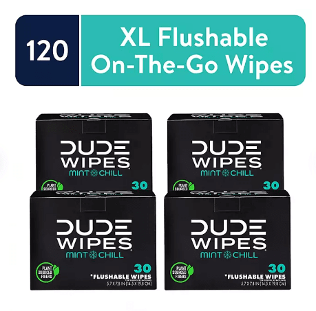Dude Wipes XL Mint Flushable Wipes 4 Pack (120 Wipes) Sewer & Septic Safe