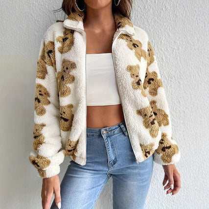 Bear Printed Furry Fleece-lined Warm and Loose Coat