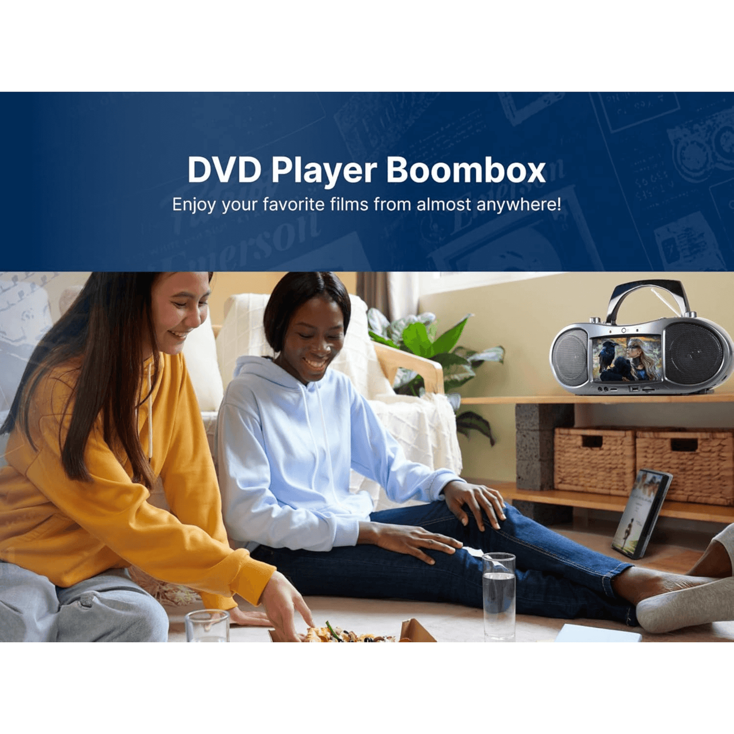 Emerson 7” Bluetooth DVD Boombox with HD-INPUT AM/FM Radio and Stereo Speakers