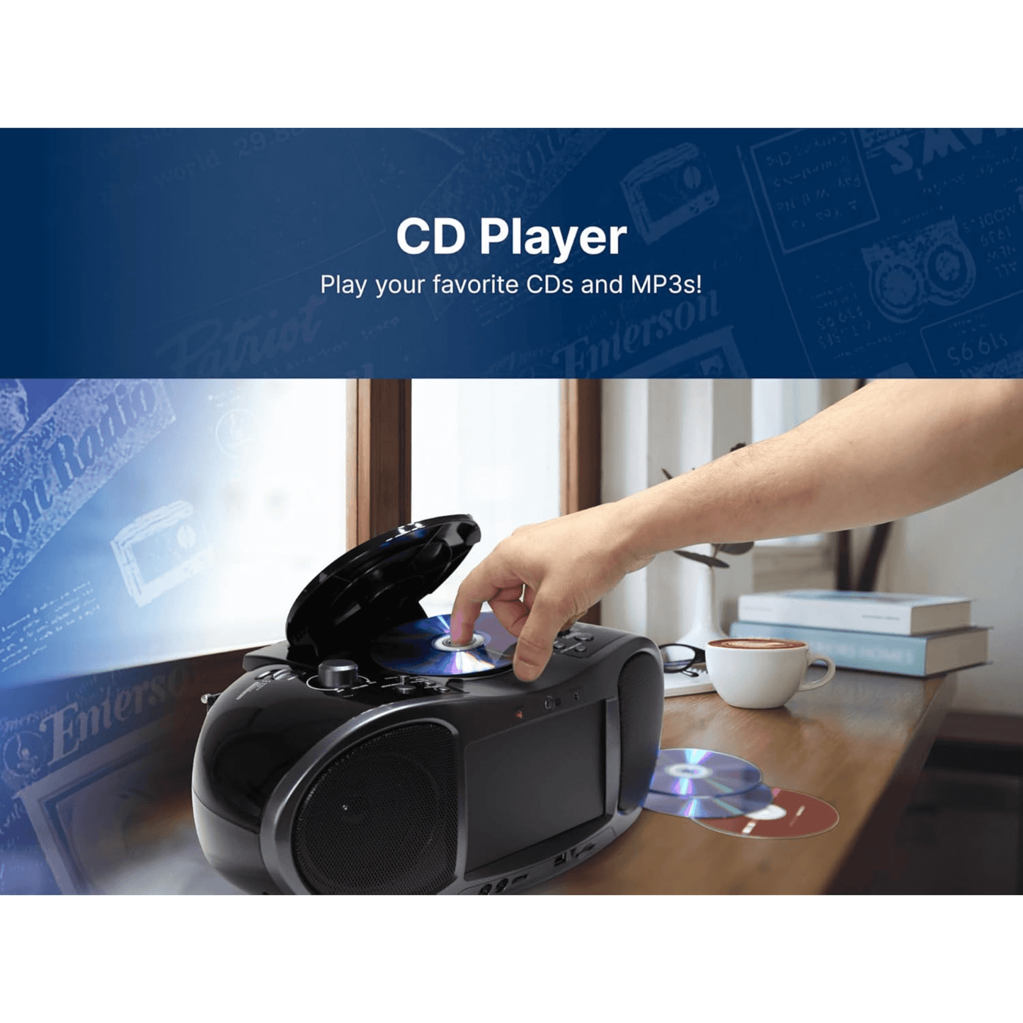 Emerson 7” Bluetooth DVD Boombox with HD-INPUT AM/FM Radio and Stereo Speakers