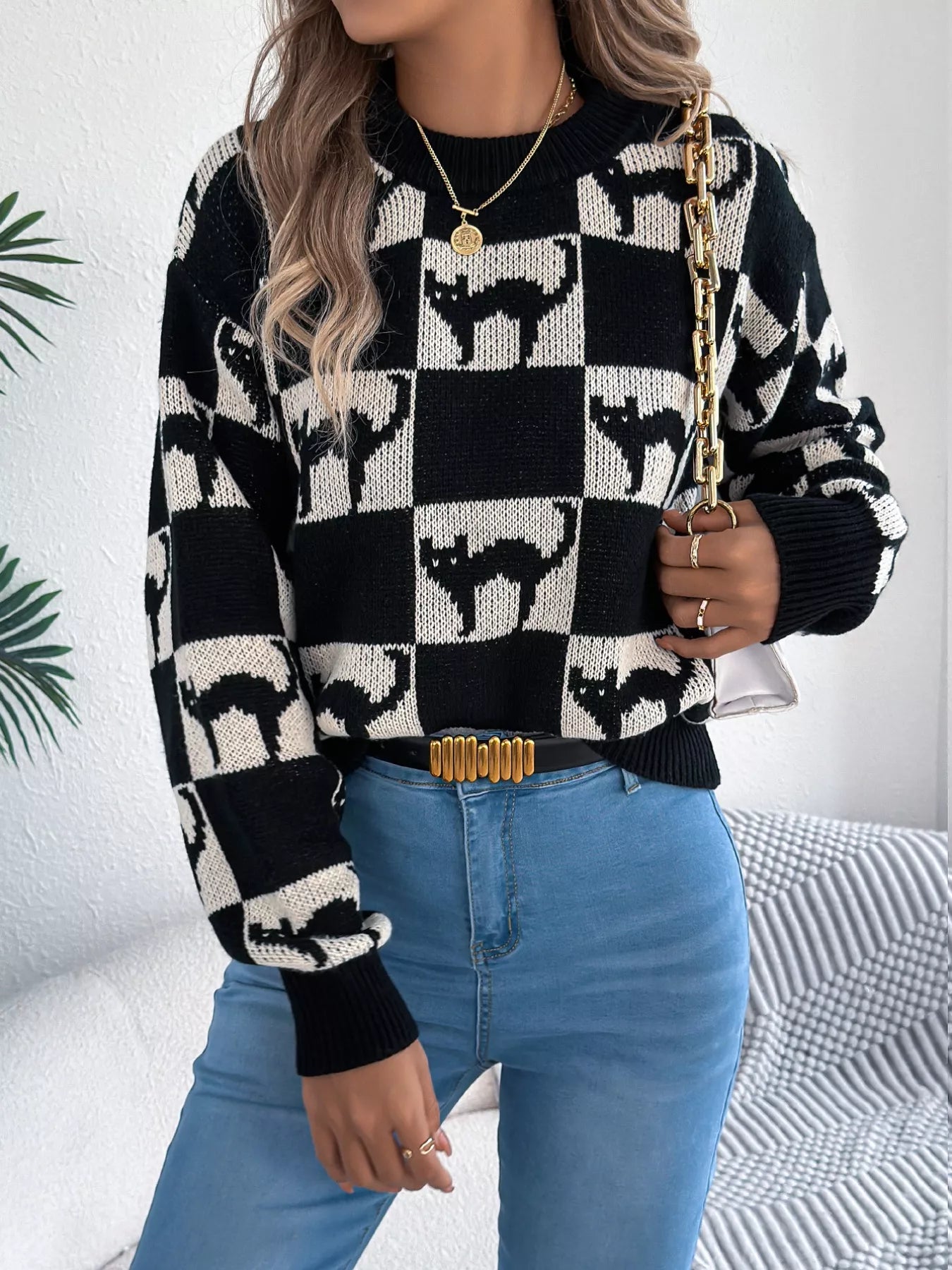 Cozy Cat Checkerboard Pattern Sweater