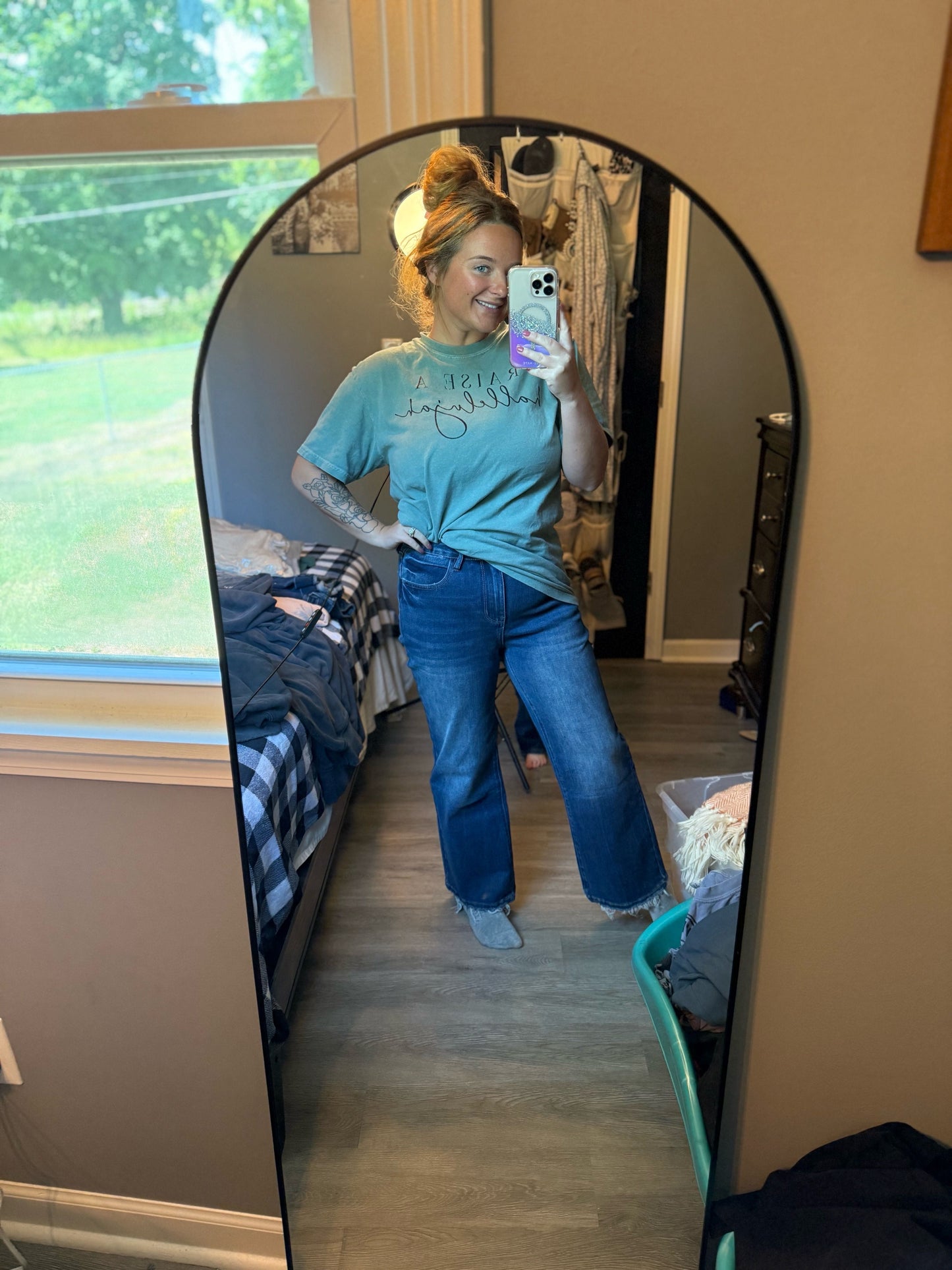 Sail Blue Mineral Wash Raw Hem High Waist Flared Jeans