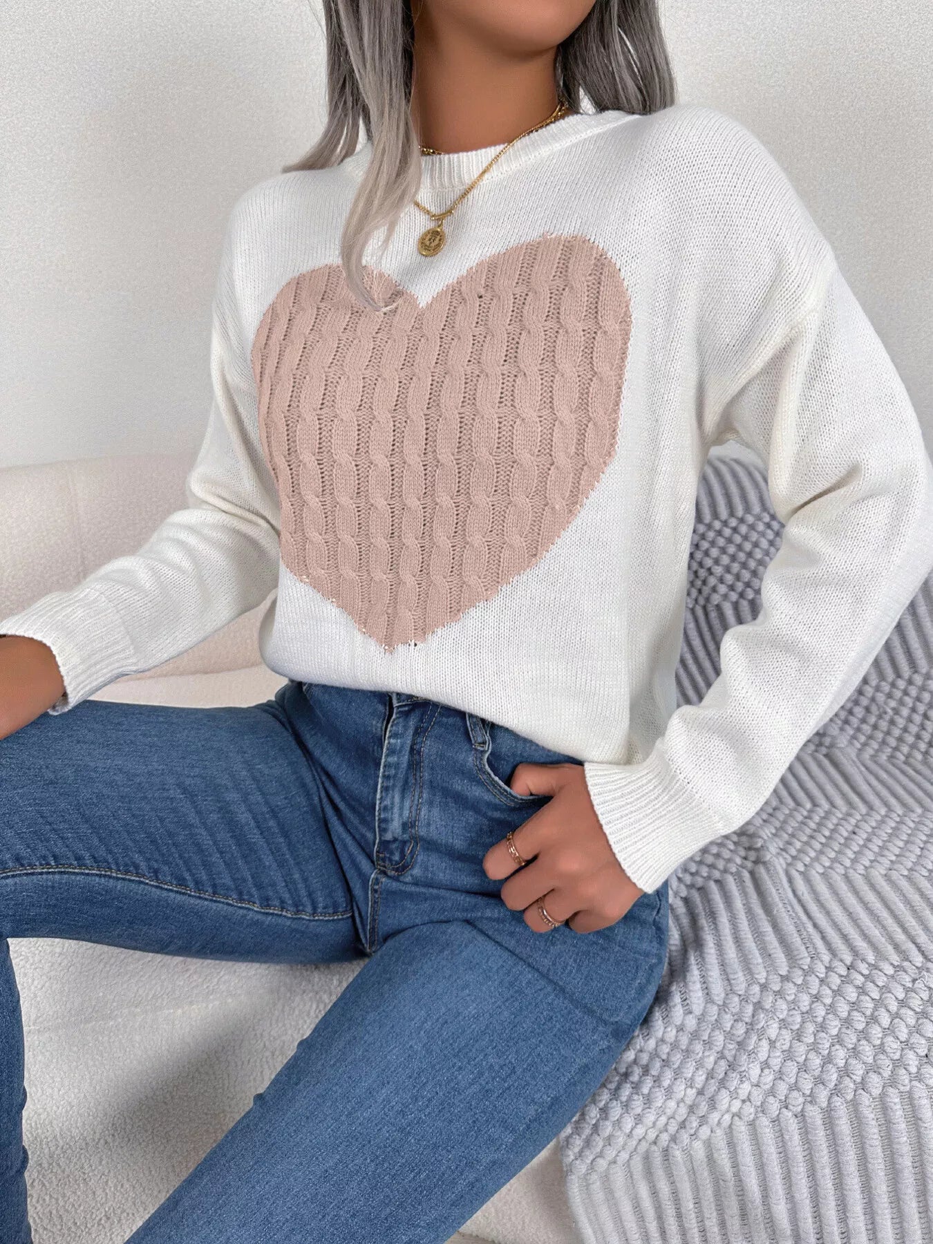 Cable Knit Heart Round Neck Sweater