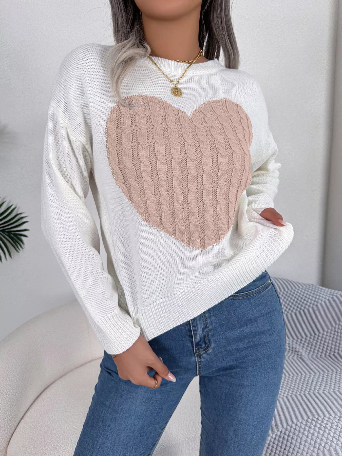 Cable Knit Heart Round Neck Sweater