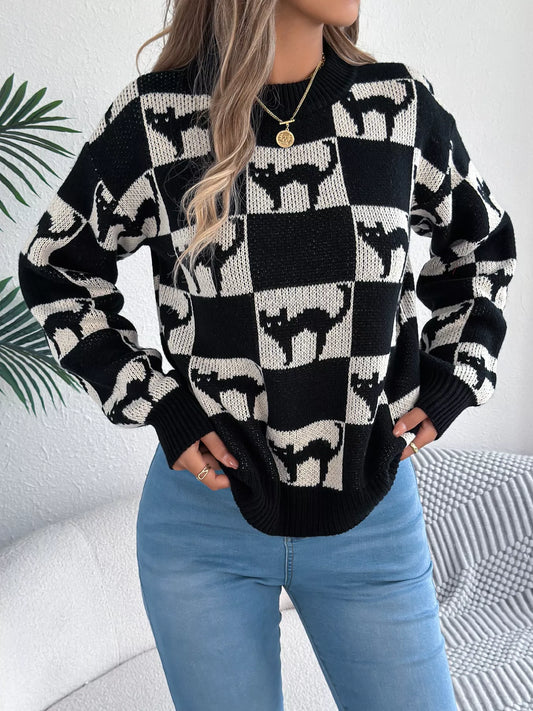 Cozy Cat Checkerboard Pattern Sweater