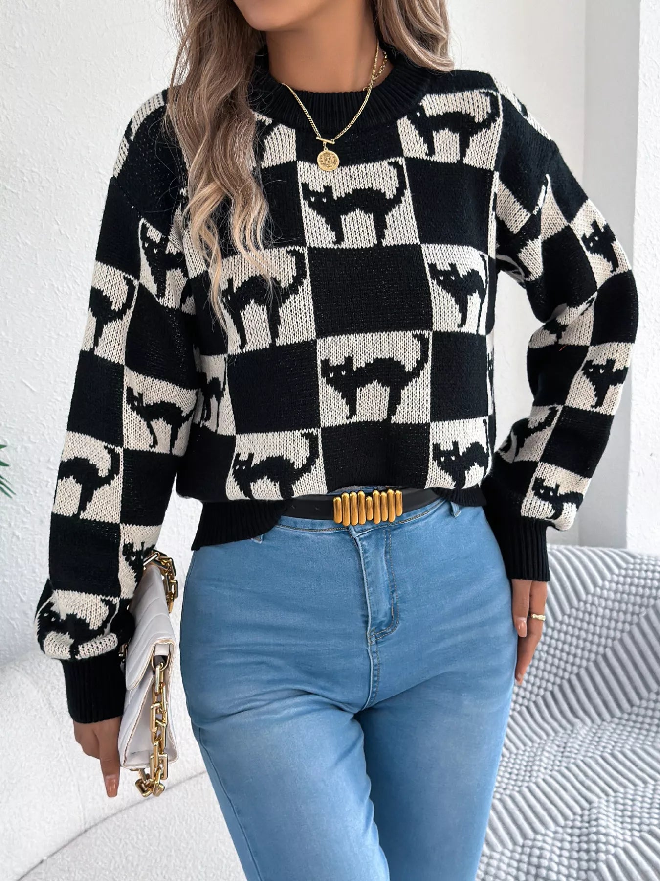 Cozy Cat Checkerboard Pattern Sweater