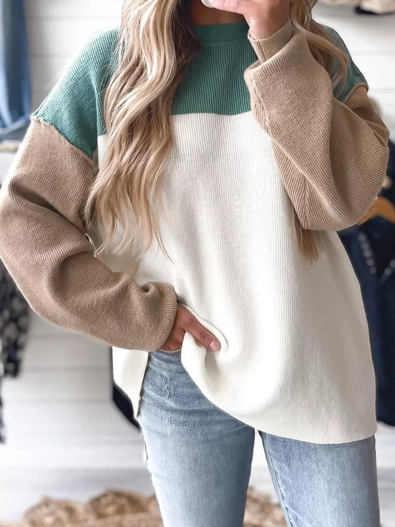 Color Block Plain Ribbed Knit Sweatshirt