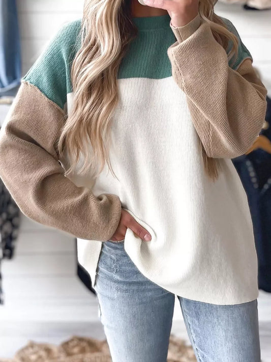 Color Block Plain Ribbed Knit Sweatshirt
