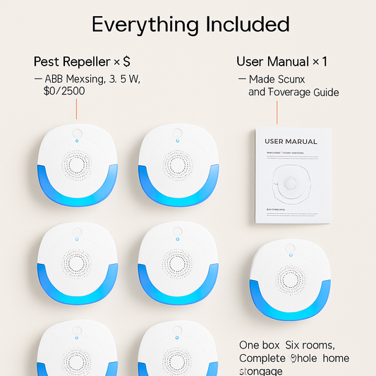 Ultrasonic Pest Repellers Plug-In for Indoor Use, featuring multiple units and a user manual for easy setup.