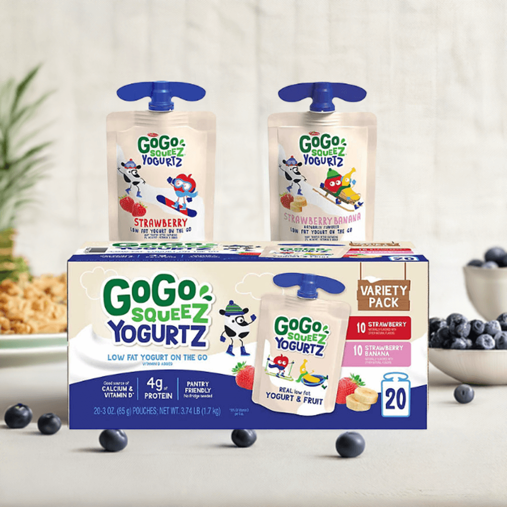 GoGo squeeZ YogurtZ Strawberry Banana – 3 oz Pouches, 20 Count Kids Snack Pack, Shelf-Stable Yogurt, Gluten-Free, No Preservatives