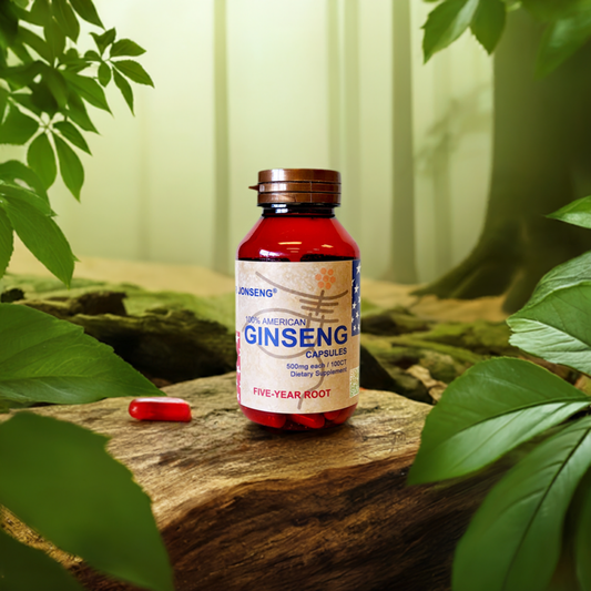 Bottle of Dr Jonseng 100% American Ginseng Capsules (50g, 100 Count) on a wooden surface, surrounded by green leaves and tree