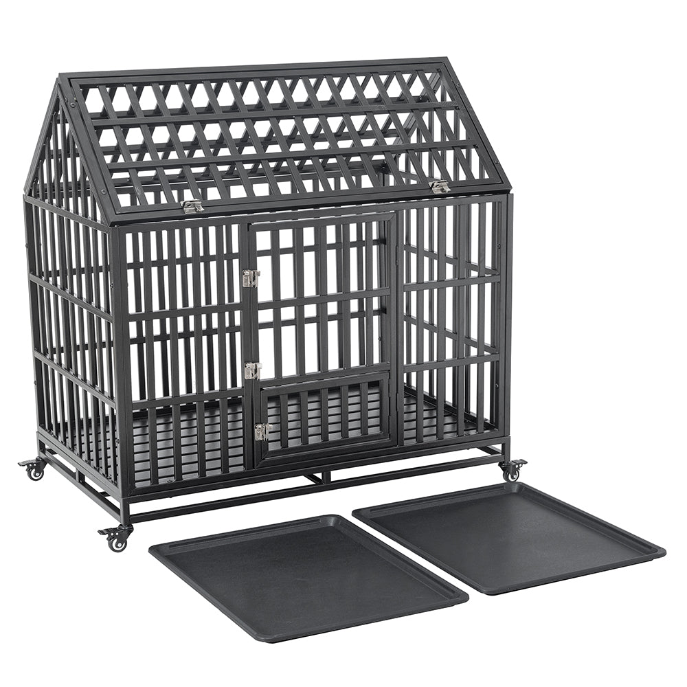 Heavy Duty Carbon Steel Dog Kennel Cage Crate W/ Sloped Roof And Wheels, 48" (SAK73812)
