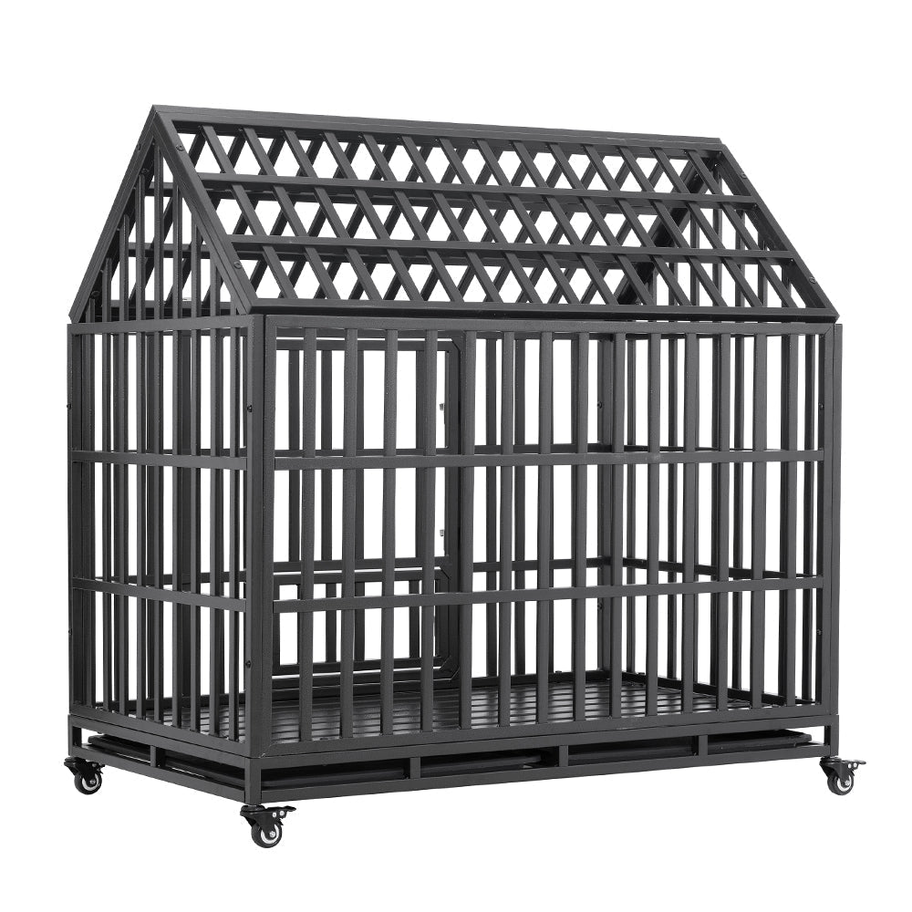 Heavy Duty Carbon Steel Dog Kennel Cage Crate W/ Sloped Roof And Wheels, 48" (SAK73812)
