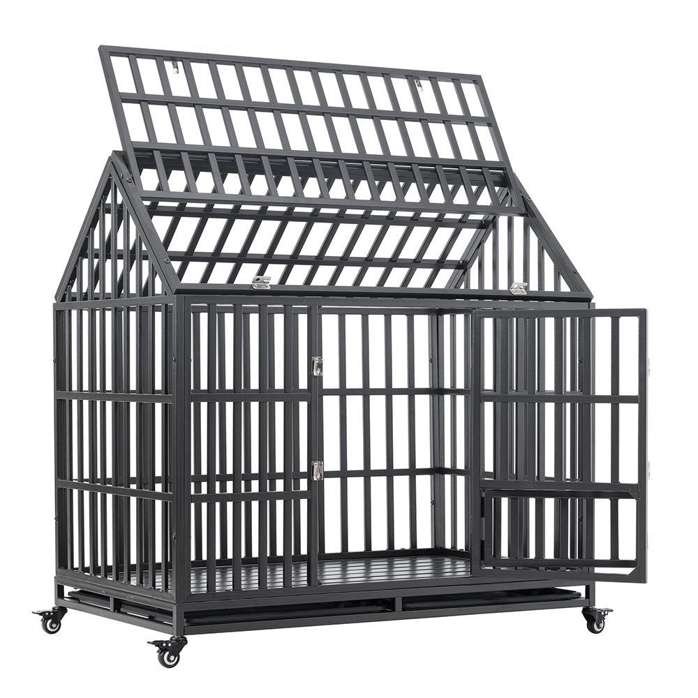 Heavy Duty Carbon Steel Dog Kennel Cage Crate W/ Sloped Roof And Wheels, 48" (SAK73812)