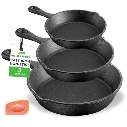 NutriChef Pre-Seasoned Cast Iron Skillet Pans - 3 Pieces