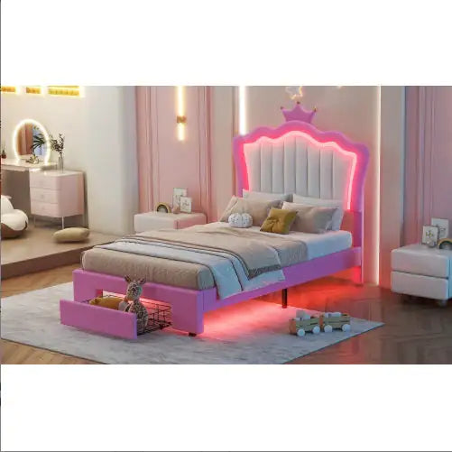 Twin Size Bed Frame with LED Lights, Modern Upholstered Princess Bed