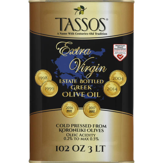 Tassos Extra Virgin Olive Oil, estate bottled, 3 liters, cold pressed from Koroneiki olives, with low acidity.