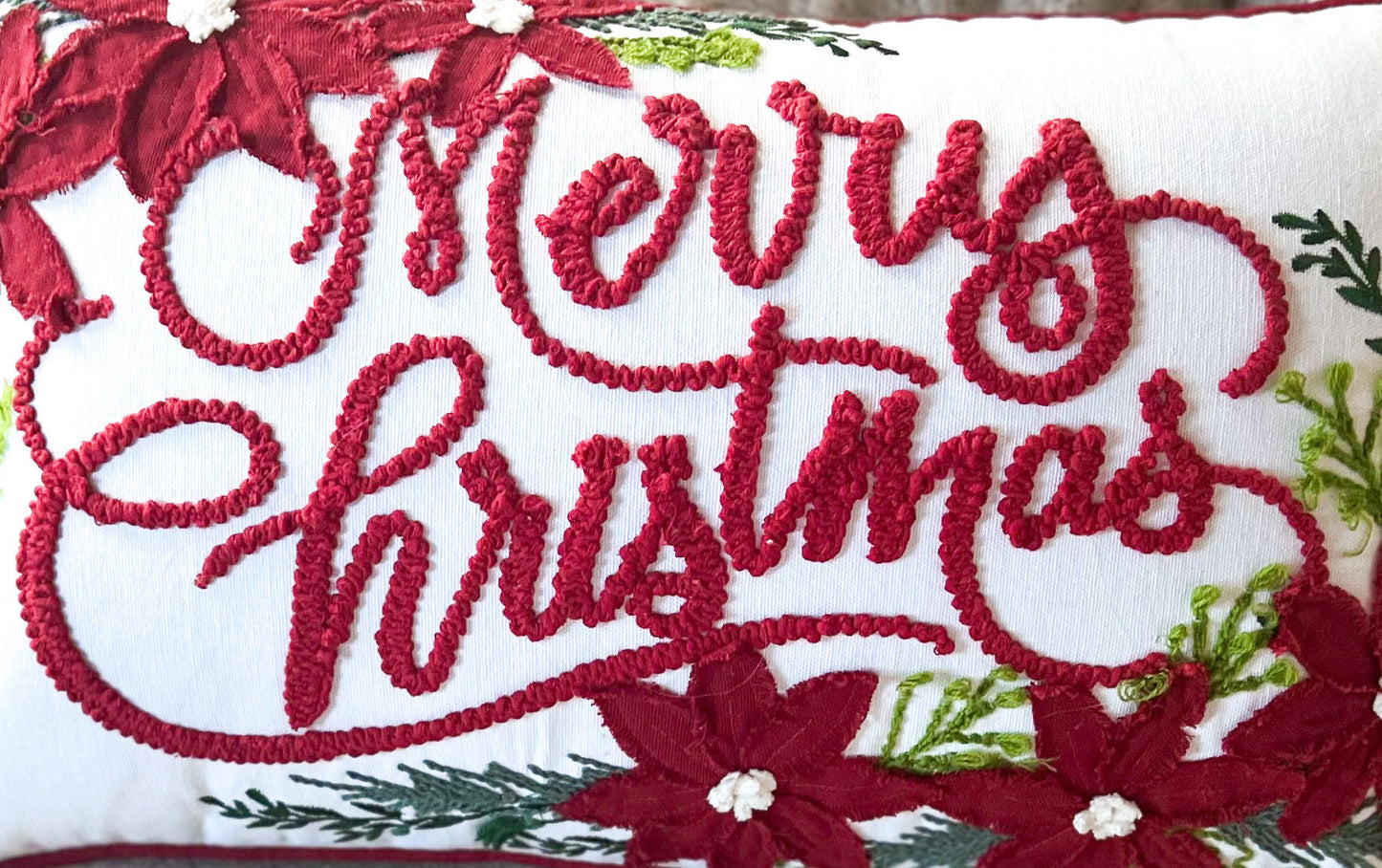 Merry Christmas Vintage Poinsettia Throw Pillow