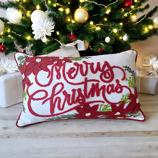 Merry Christmas Vintage Poinsettia Throw Pillow