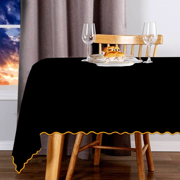 Scallop Embroidery Sateen Cotton Solid Table Cloth - Black