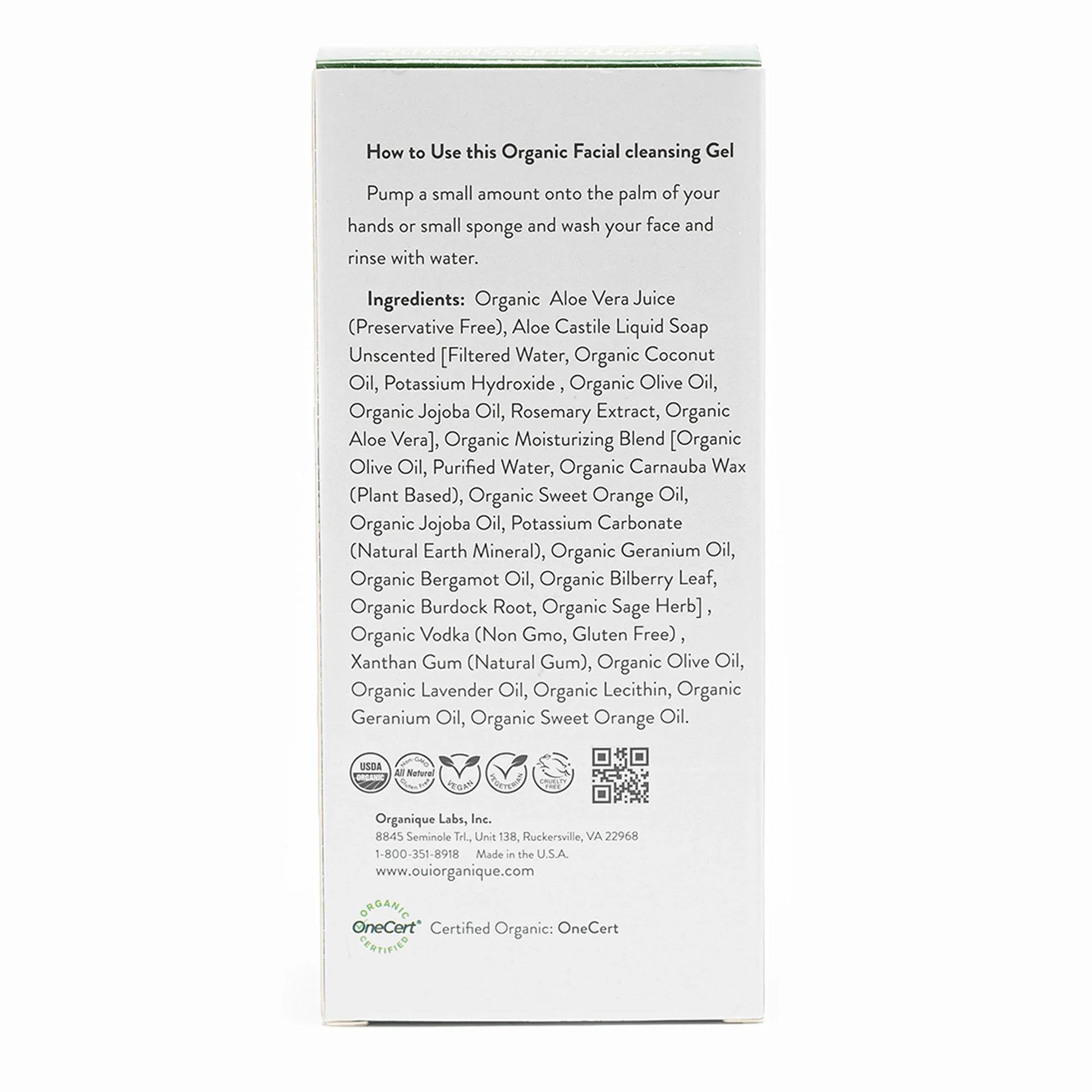oui-organique-best-value-certified-organic-anti-aging-value-pack-skincare-set-facial-cleansing-gel-box-back-ingredients - shoponestop.store