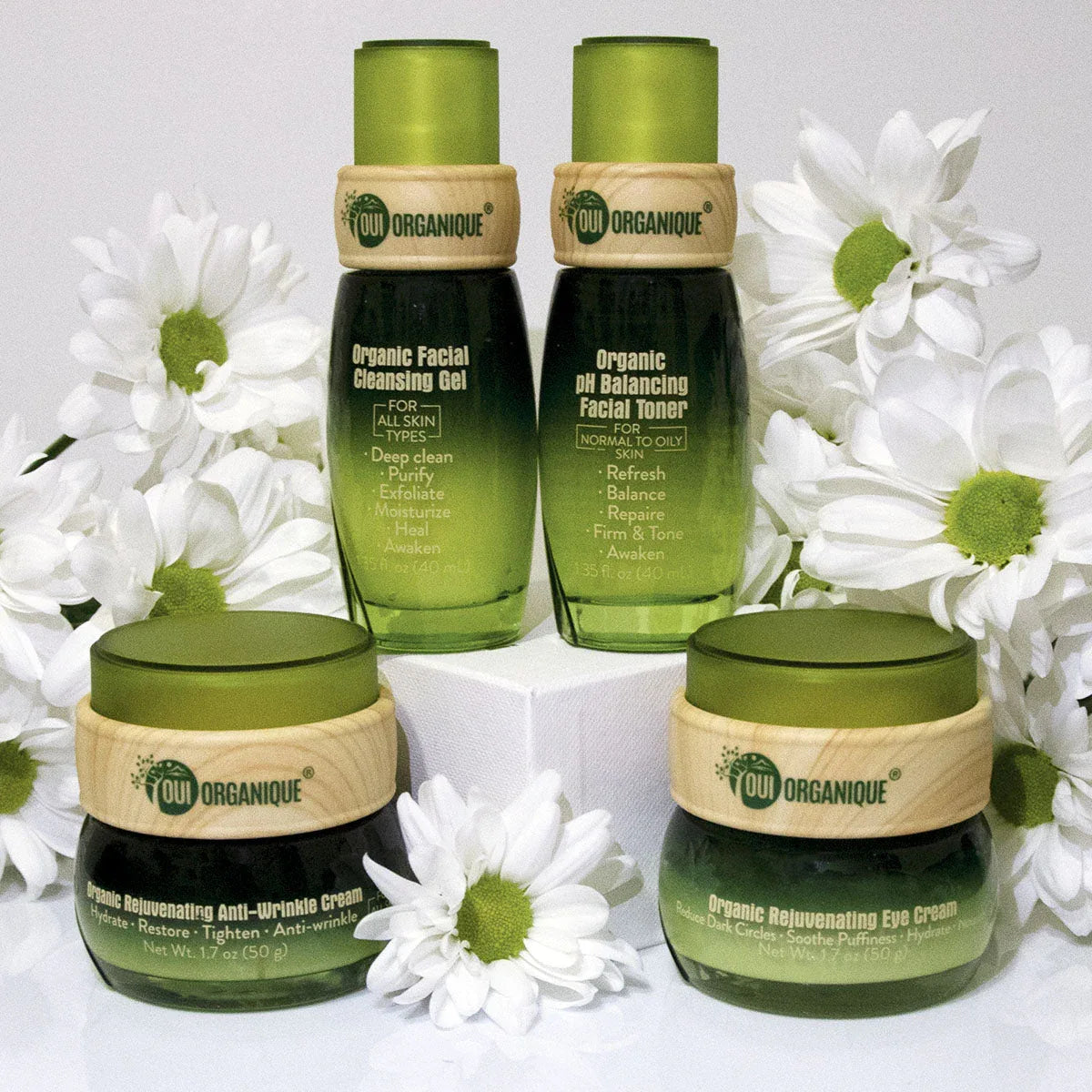 oui-organique-best-value-certified-organic-anti-aging-value-pack-skincare-set-rejuvenating-cream-eye-cream-toner-cleansing-gel-daisies-display - shoponestop.store
