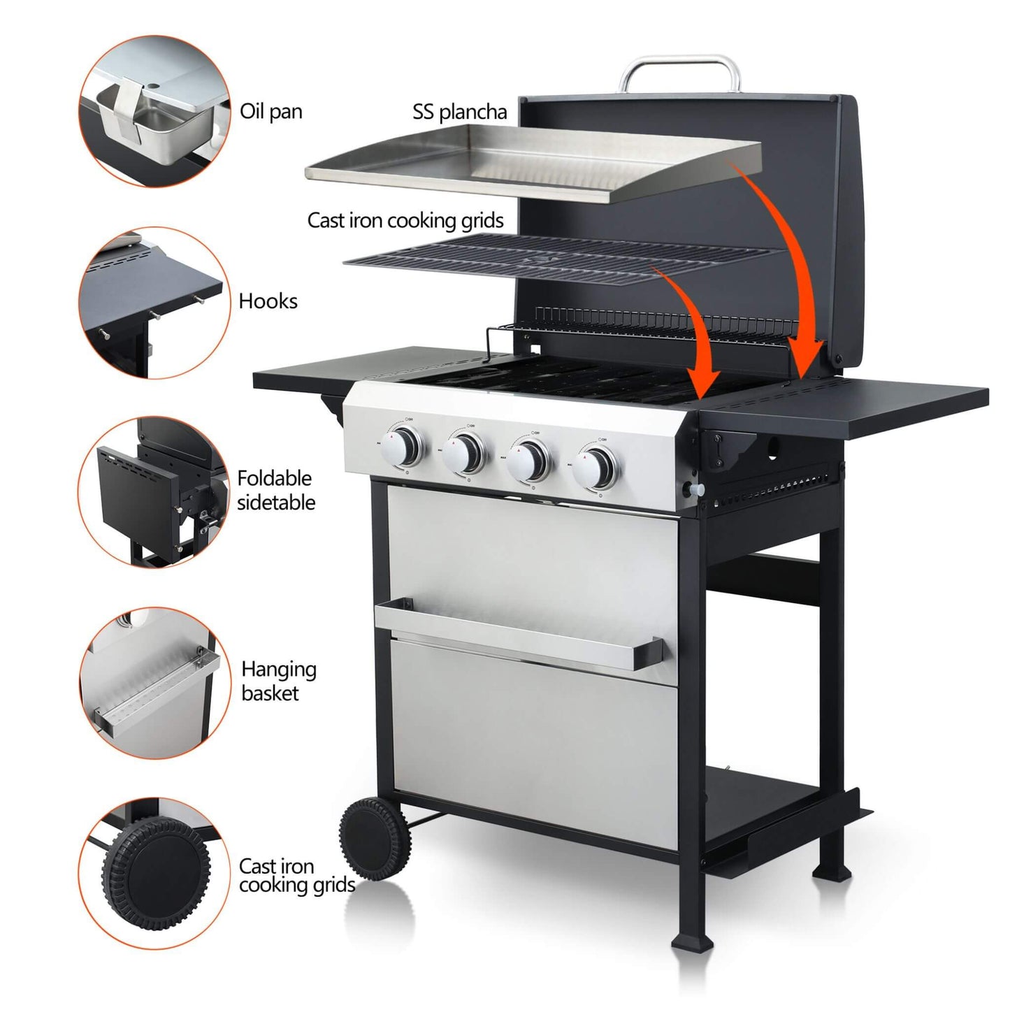 Premium Outdoor 4-Burner Propane BBQ Grill with Side Tables